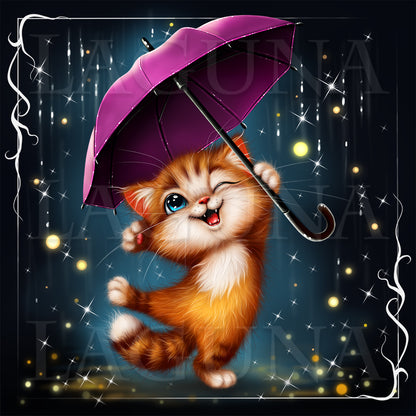 Ginger cartoon kitty with umbrella.