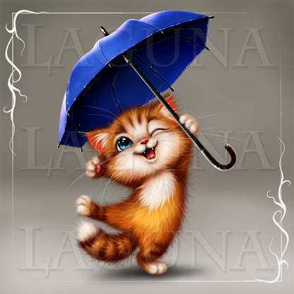 Ginger cartoon kitty with umbrella.