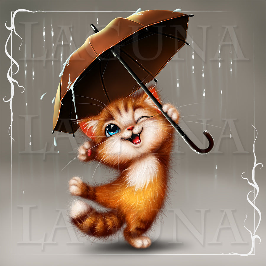 Ginger cartoon kitty with umbrella.