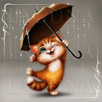 Ginger cartoon kitty with umbrella.