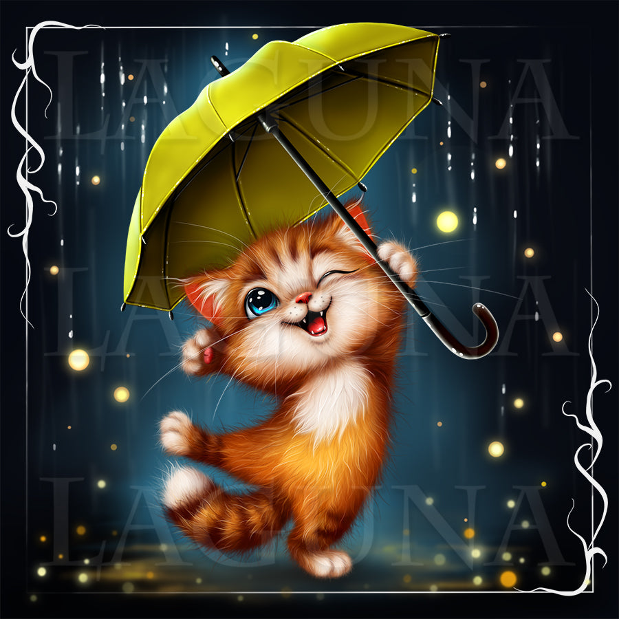 Kawaii cartoon kitty with umbrella. 