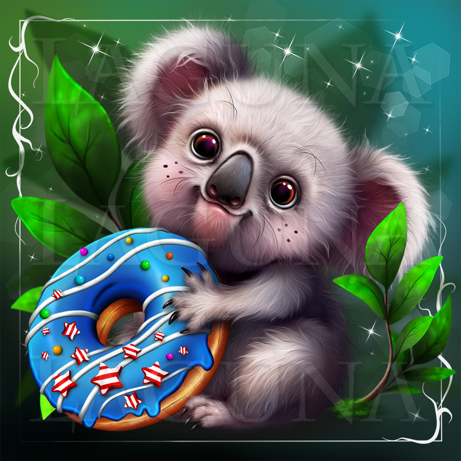 Illustration of a cute kawaii koala holding a blue donut with sprinkles on a green leafy background.