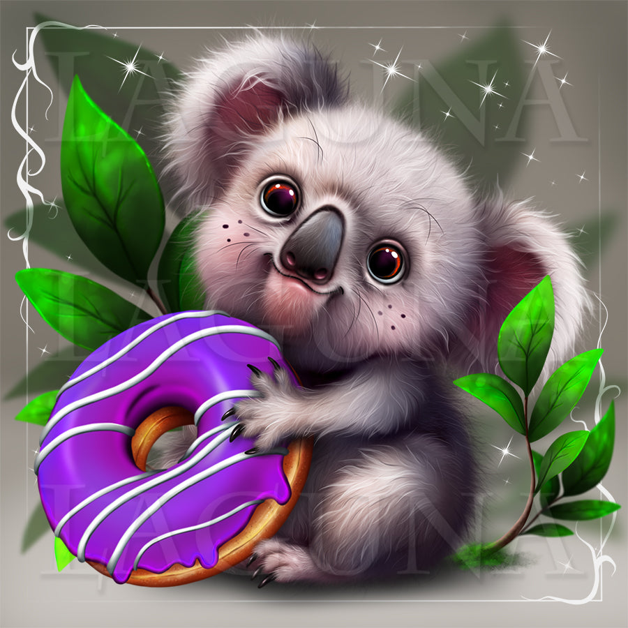 Illustration of a koala holding a purple donut with green leaves in the background