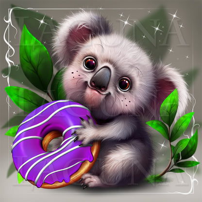 Illustration of a koala holding a purple donut with green leaves in the background