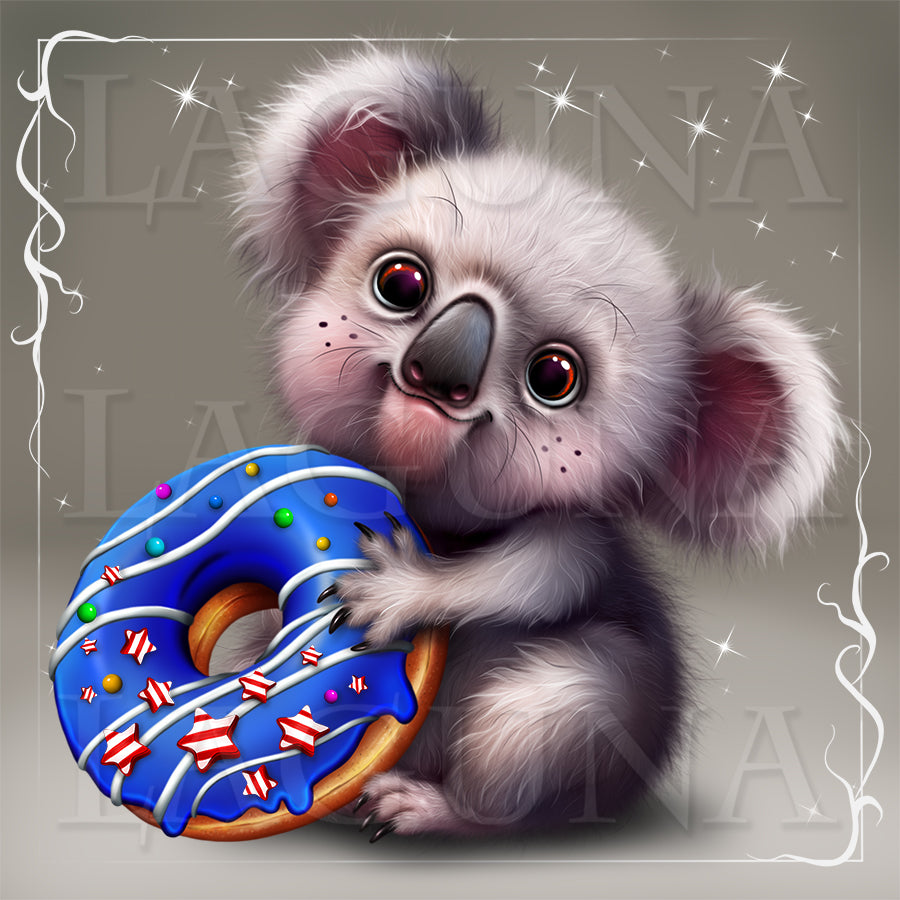 Illustration of a baby koala holding a blue donut with sprinkles on a gray background.