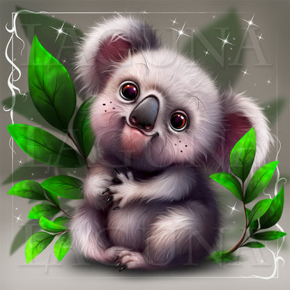 Illustration of a cute kawaii  koala surrounded by green leaves on a gray background