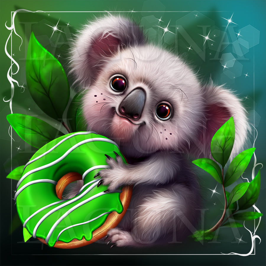 Illustration of a koala holding a green donut with leaves in the background