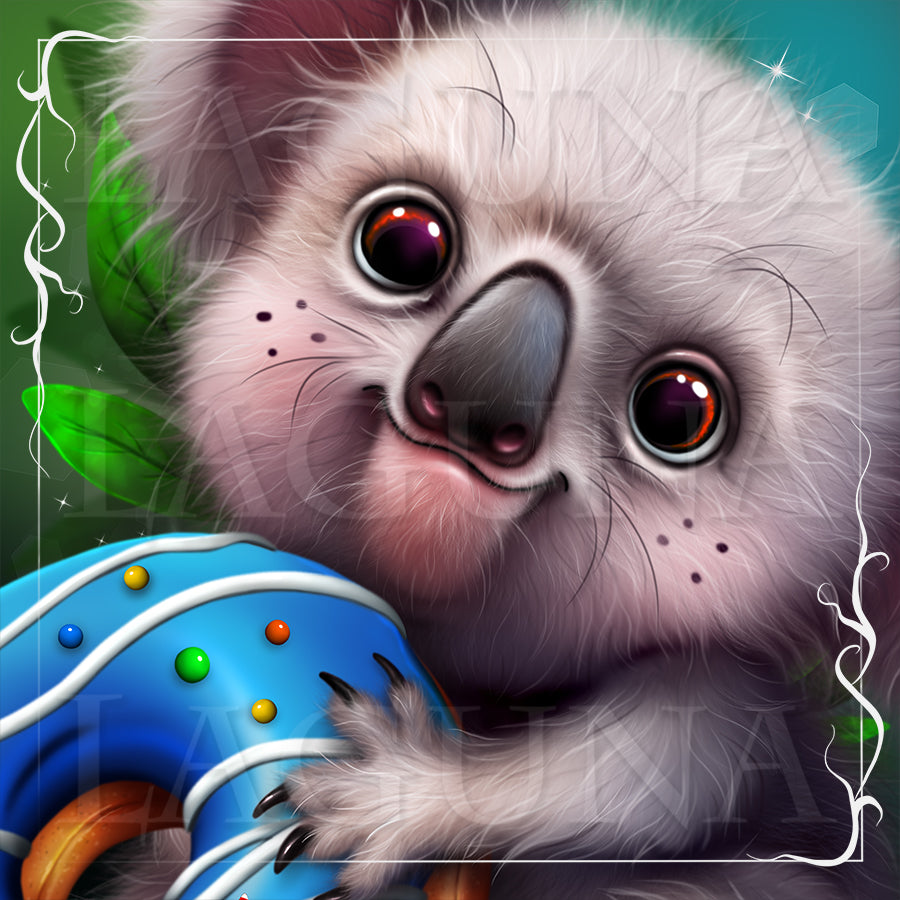 Illustration of a cute koala holding a colorful donut with a decorative background.