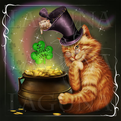 Leprechaun Cat, Pot with Gold and Mouse
