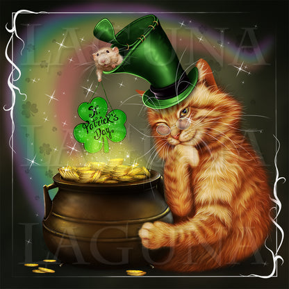 Leprechaun Cat, Pot with Gold and Mouse