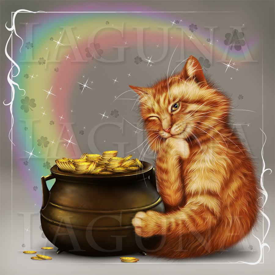 Leprechaun Cat, Pot with Gold and Mouse