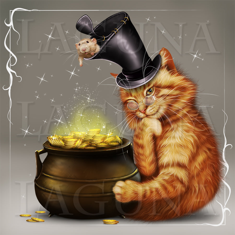 Leprechaun Cat, Pot with Gold and Mouse