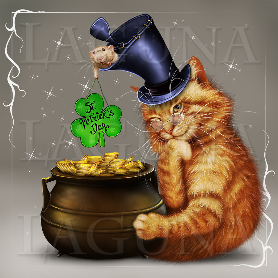 Leprechaun Cat, Pot with Gold and Mouse
