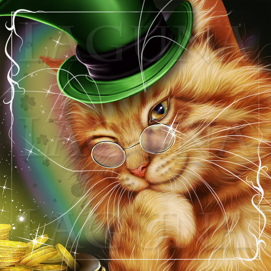 Leprechaun Cat, Pot with Gold and Mouse