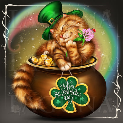 Leprechaun Kitty Lying on Pot with Gold
