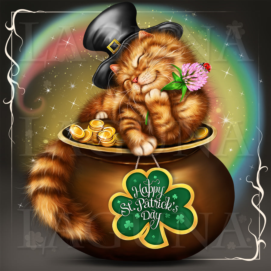 Leprechaun Kitty Lying on Pot with Gold