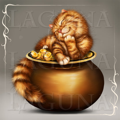 Leprechaun Kitty Lying on Pot with Gold