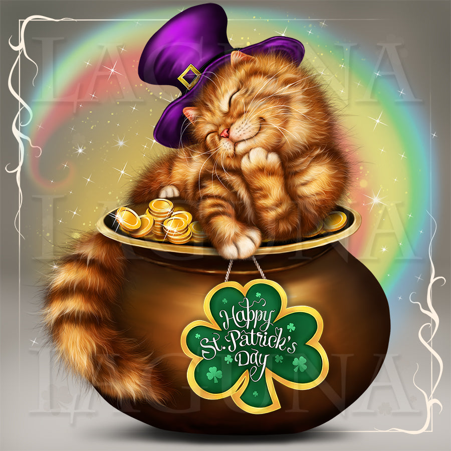 Leprechaun Kitty Lying on Pot with Gold