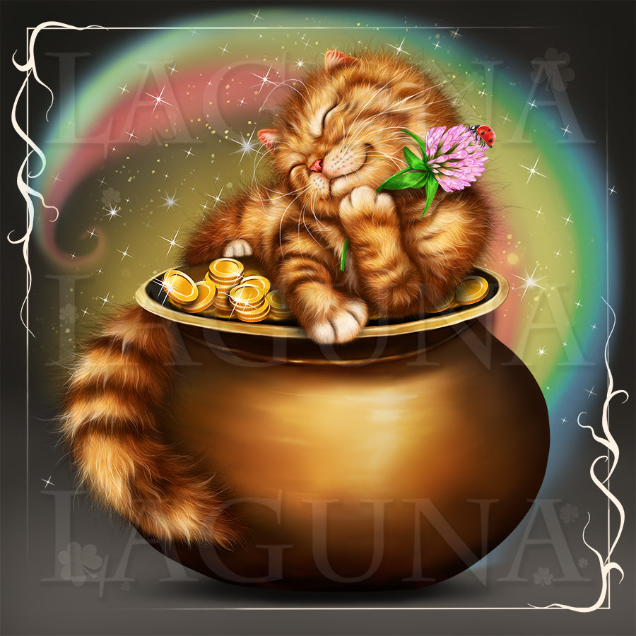 Leprechaun Kitty Lying on Pot with Gold