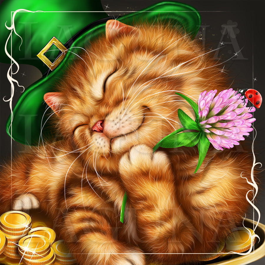 Leprechaun Kitty Lying on Pot with Gold
