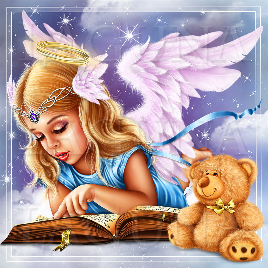 Little Angel Girl and Teddy Bear