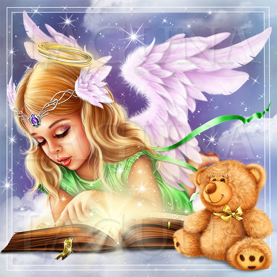 Little Angel Girl and Teddy Bear