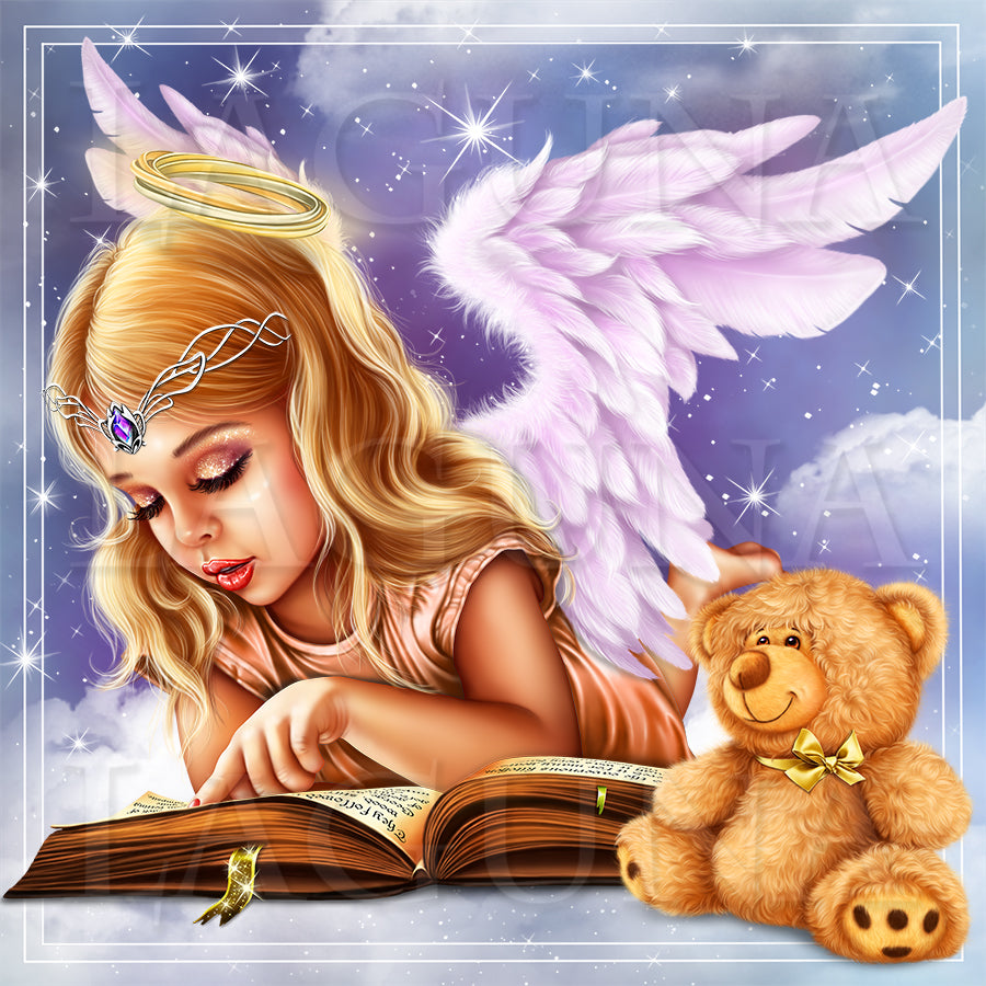 Little Angel Girl and Teddy Bear