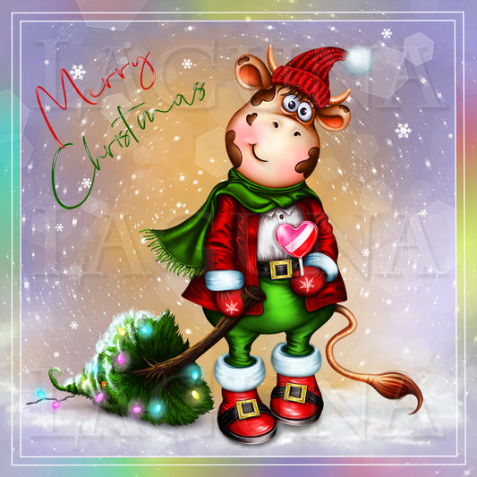 Little Cow with Lollipop and Christmas Tree