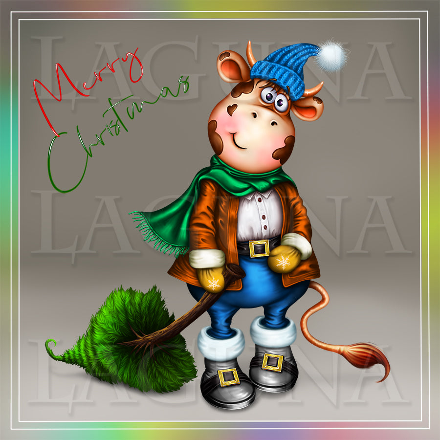 Little Cow with Lollipop and Christmas Tree