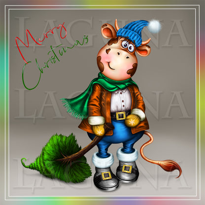 Little Cow with Lollipop and Christmas Tree