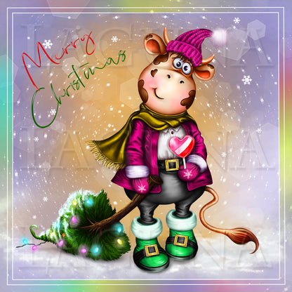 Little Cow with Lollipop and Christmas Tree