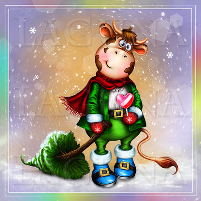 Little Cow with Lollipop and Christmas Tree