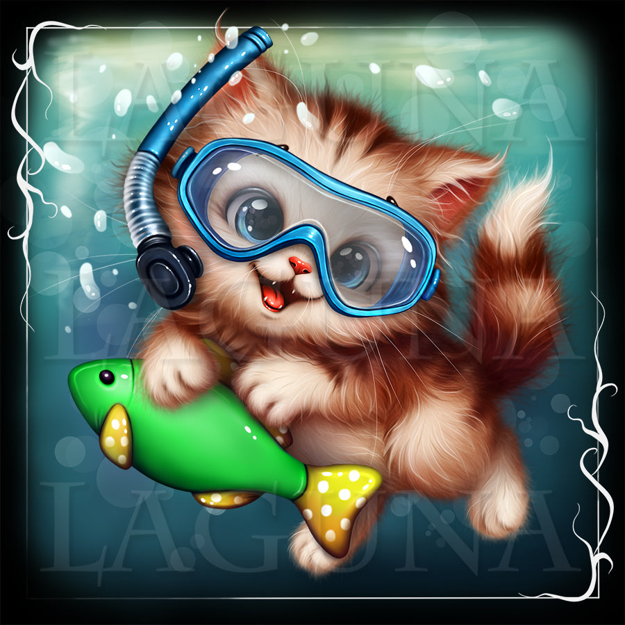 Illustration of a cat wearing diving mask holding a fish toy.