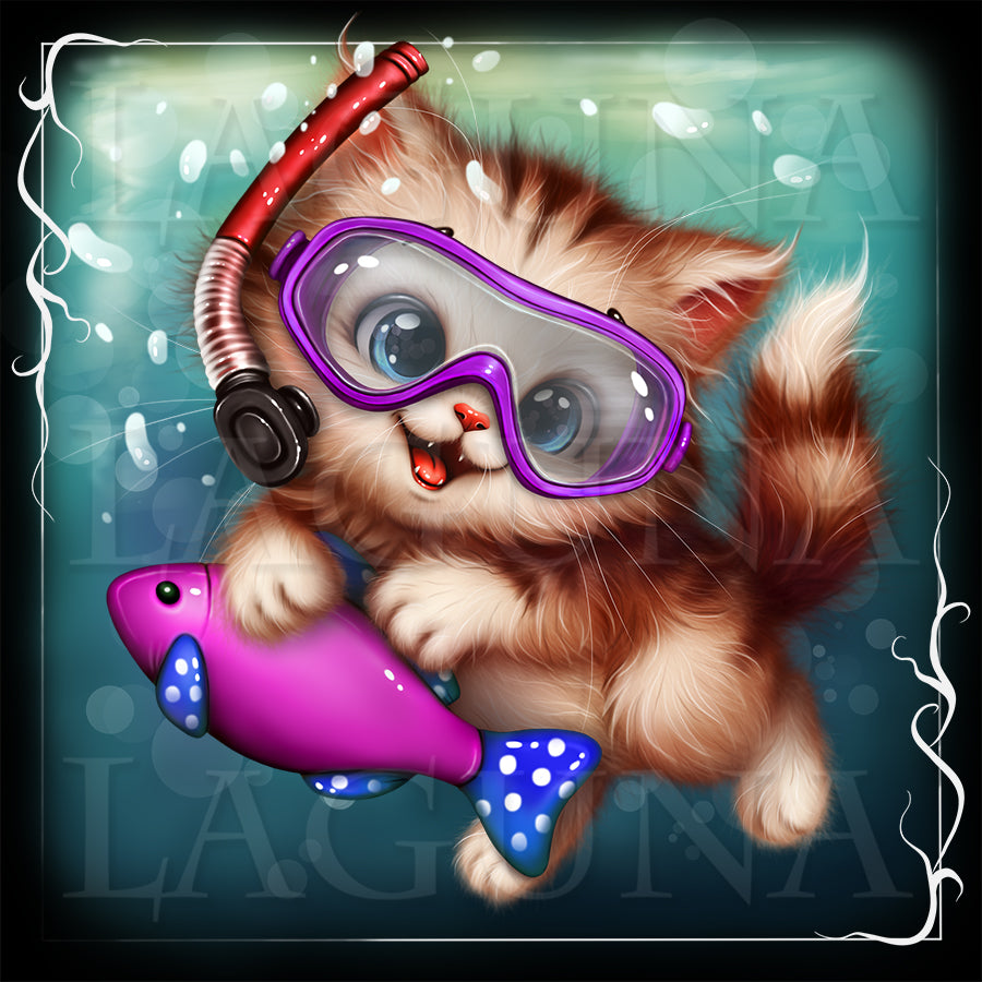 Illustration of a cat wearing diving goggles and holding a fish toy, with a blue gradient background.