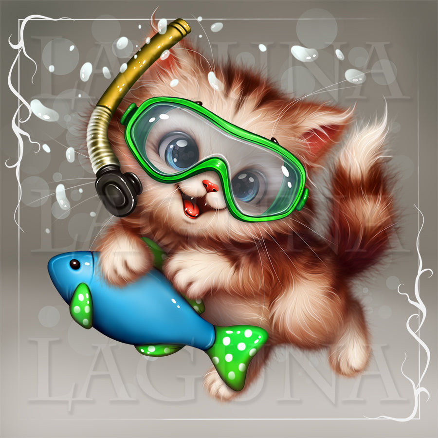 Illustration of a kitten wearing diving goggles and holding a fish toy on a gray background.