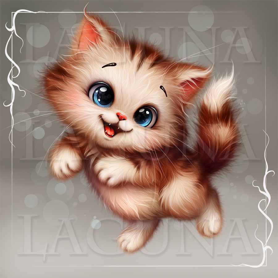 Illustration of a cute kitten with large blue eyes on a gray background #kawaii #cat #kitty
