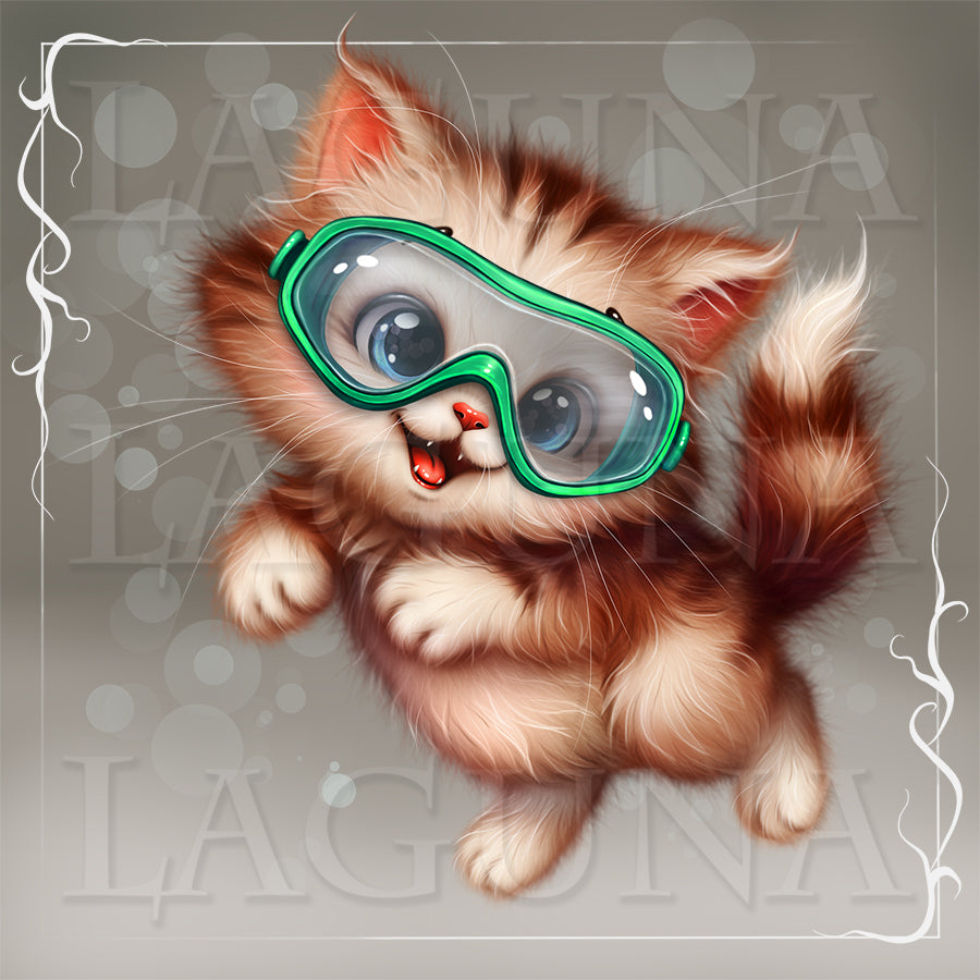 Illustration of a kitten wearing green goggles on a gray background. #psptube #digiralart #digitaldrawing