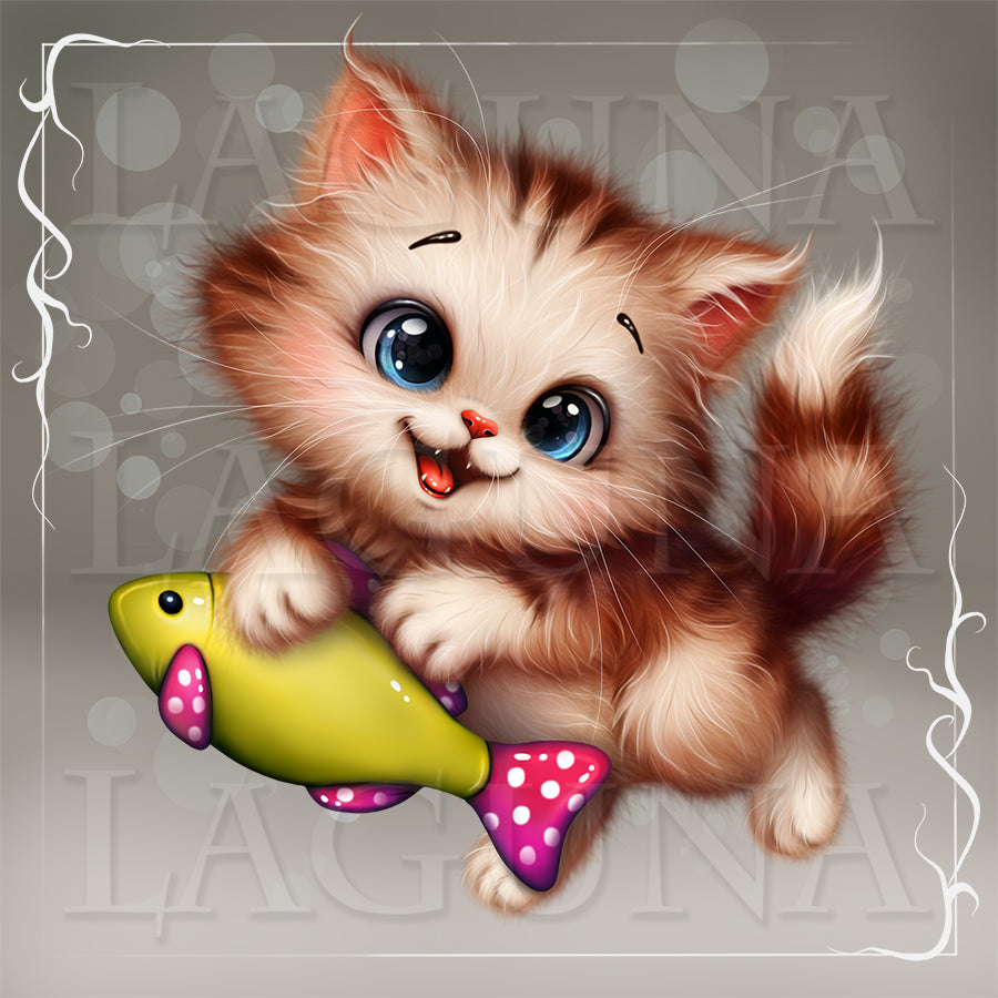 Illustration of a cute kitten holding a fish toy on a gray background. #cuteart #characterdesign #kitty