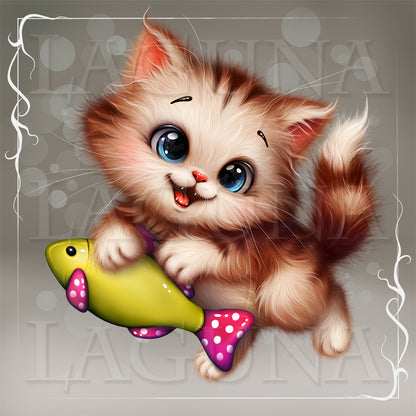 Illustration of a cute kitten holding a fish toy on a gray background. #cuteart #characterdesign #kitty