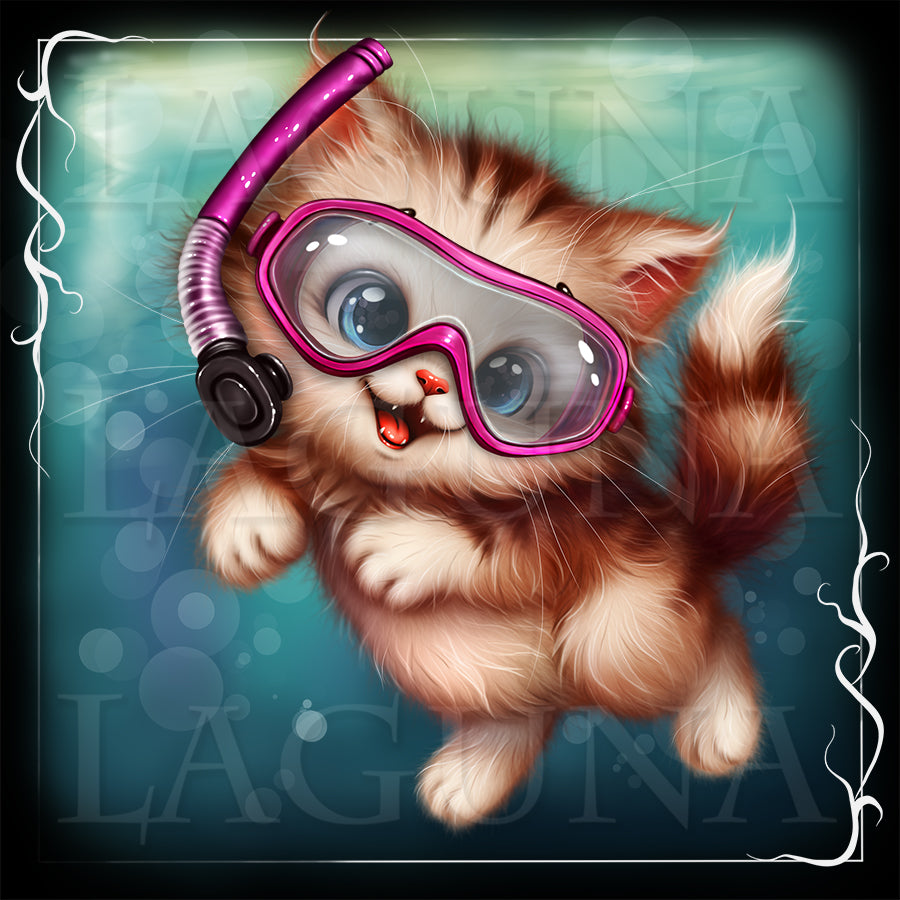 Illustration of a kitten wearing pink goggles and a snorkel on a blue background. #catart #cartoon #drawingcartoon