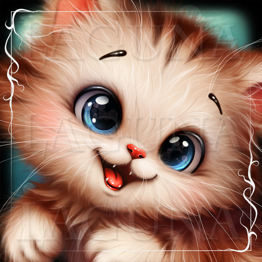 Close up of a fluffy kitten with large blue eyes and a smiling expression. #kawaii #kawaiiart #kawaiicat