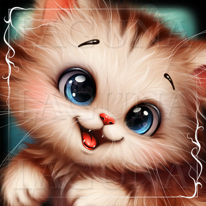 Close up of a fluffy kitten with large blue eyes and a smiling expression. #kawaii #kawaiiart #kawaiicat