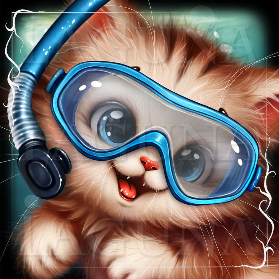 Illustration of a cat wearing blue goggles and a snorkel on a dark background