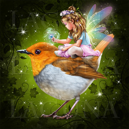 Little Fairy Girl Riding a Bird