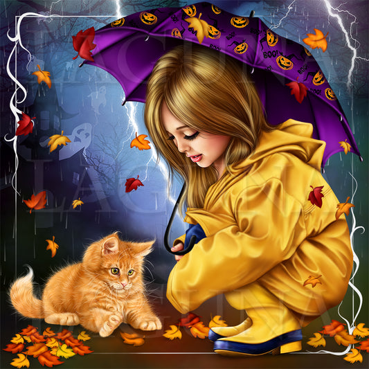 Little Girl in Raincoat with a Kitty