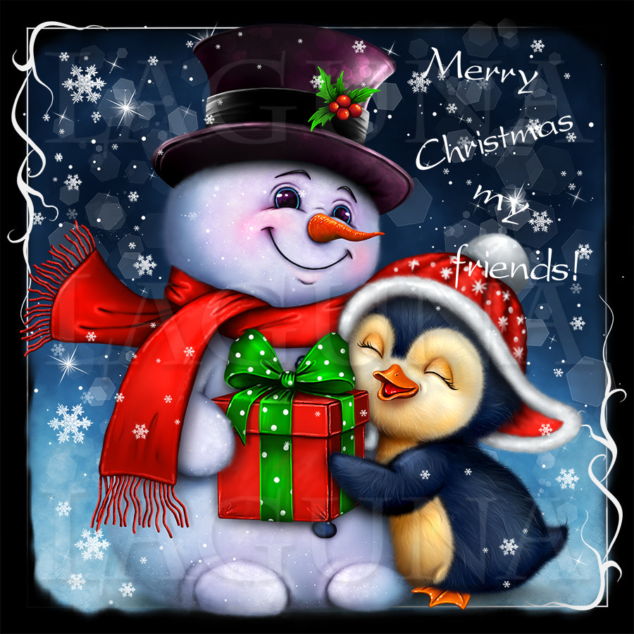 Little Penguin Hugging Snowman