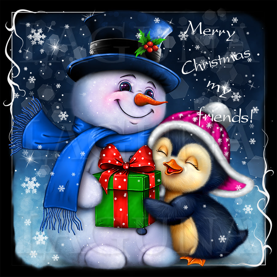 Little Penguin Hugging Snowman