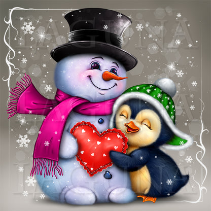 Little Penguin Hugging Snowman