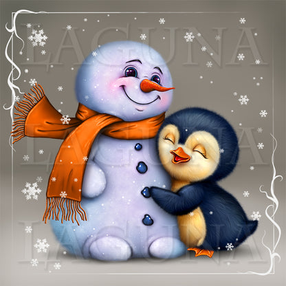 Little Penguin Hugging Snowman