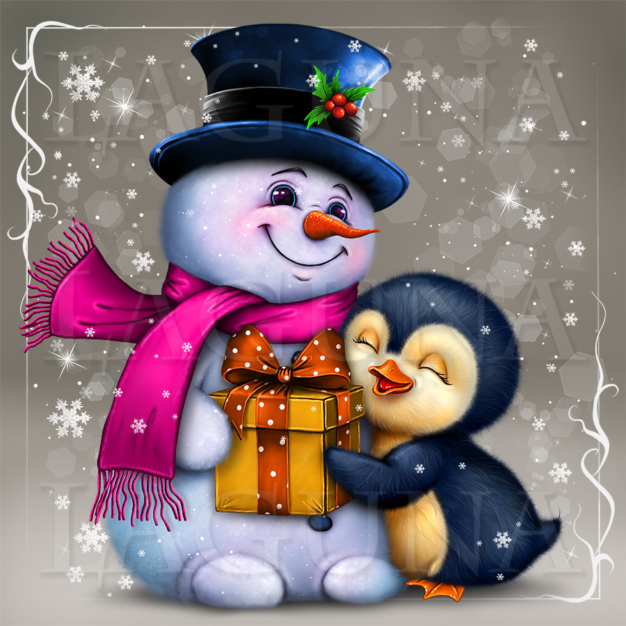 Little Penguin Hugging Snowman